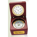 Gold Trimmed Clock & Compass w/Solid Wood Mahogany Hinged Case